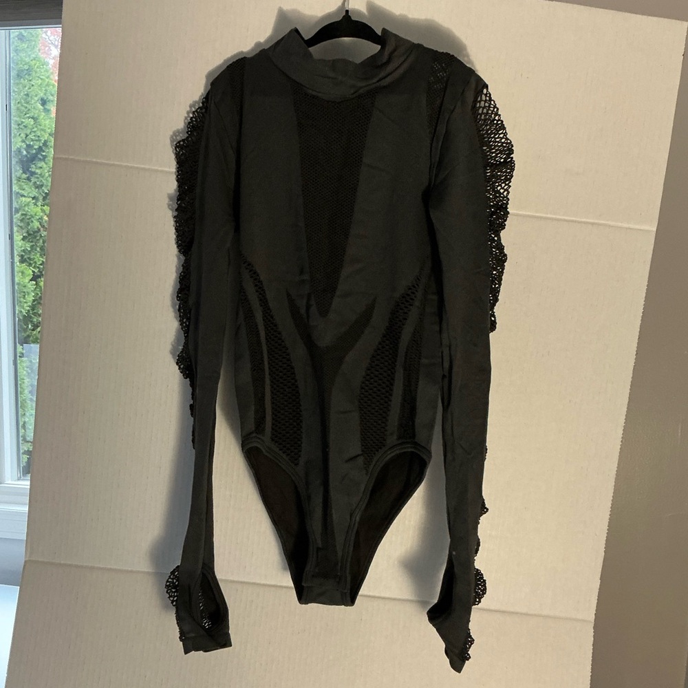 Zara Black Long-Sleeve Mesh-Panel One-Piece Bodysuit
